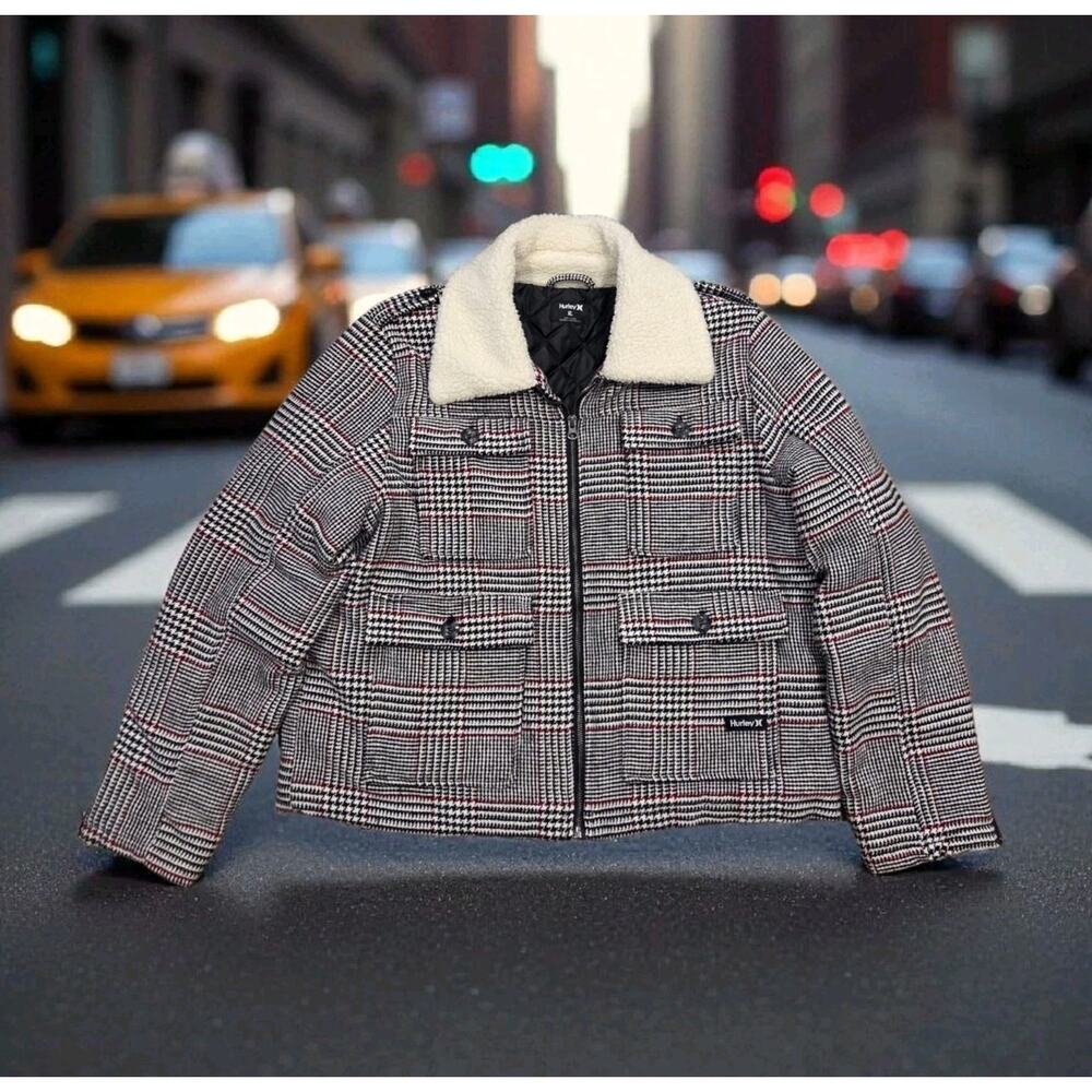 Hurley Plaid Houndstooth Jacket Sherpa Collar Pockets Winter Coat Lined Women XL